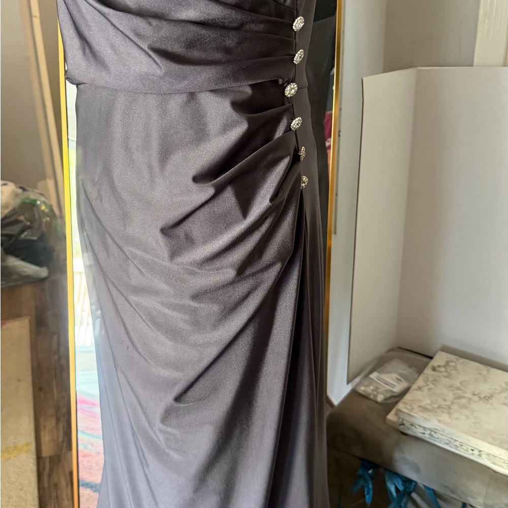 Oleg Cassini Slate Gray One-Shoulder Evening Gown - Picture 2 of 6